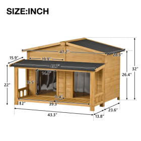 Farm House Style Large Wooden Dog House Outdoor Hut Style With Porch, 2 Doors