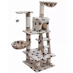 Cat Tree 48" Beige with Paw Prints Plush