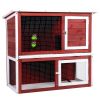 Wood Rabbit Hutch, Pet Playpen with 2 Stories, Ramp, Doors, Pull-out Tray, Water Bottle, Outdoor Enclosure for Small Animals Bunnies, Red and White