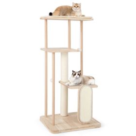 Wooden Multi-level Modern Cat Tower with Scratching Board and Post (Color: Beige)